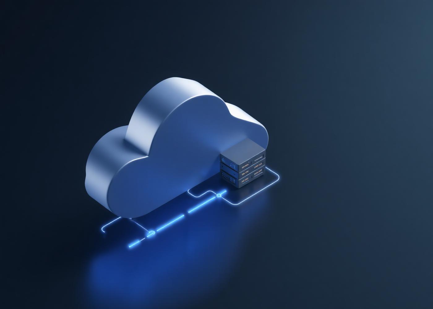 Isometric cloud and server illustration with light data trails