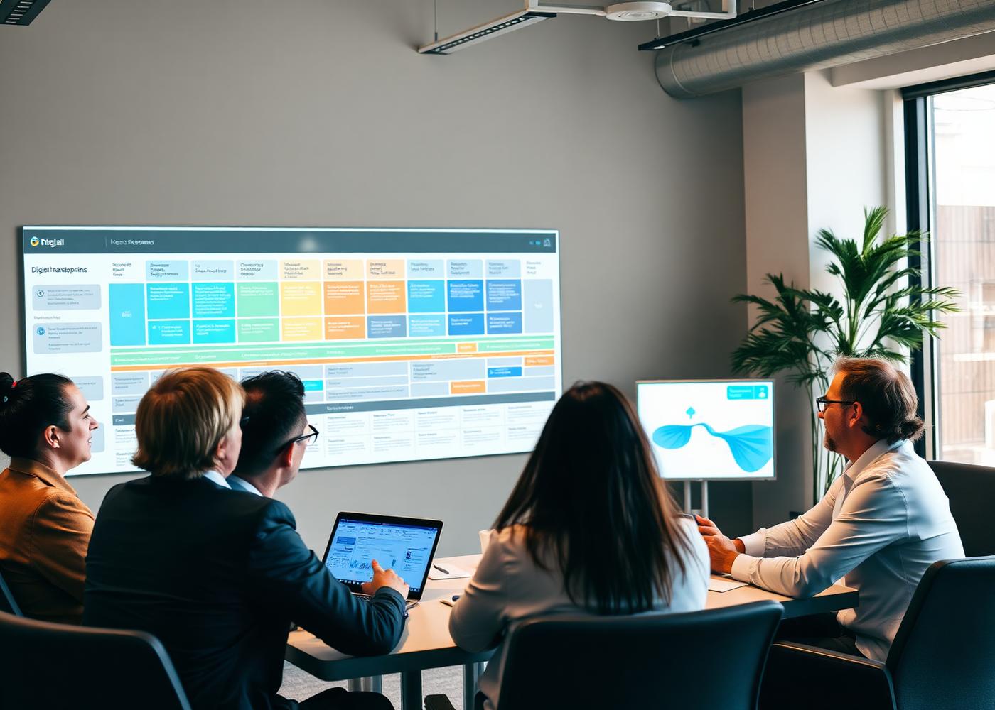 Business strategy meeting in front of a transformation roadmap on screen